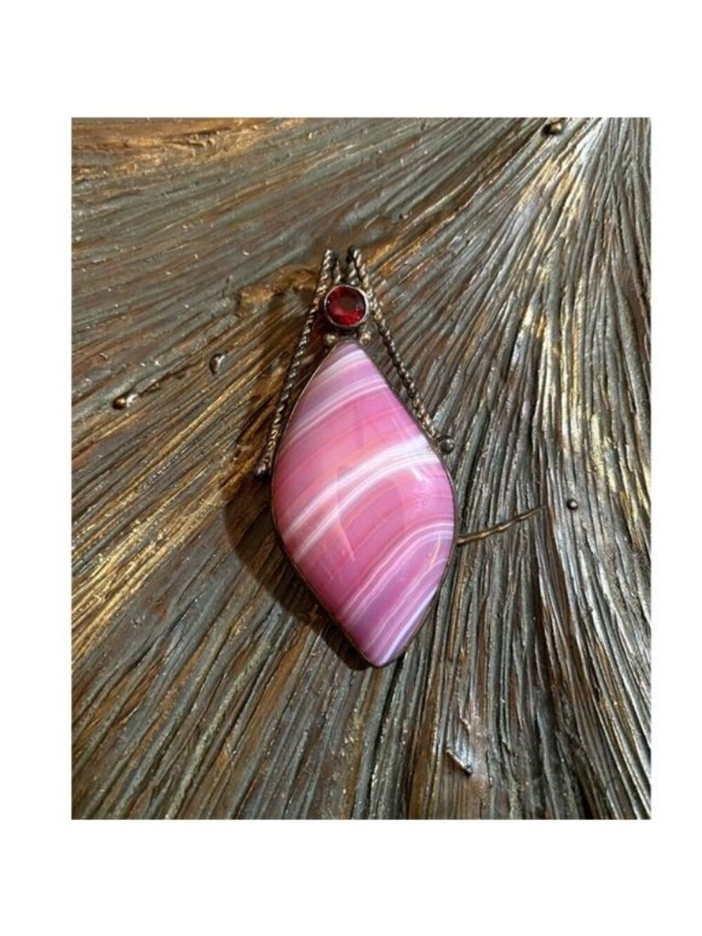 Lovely Pink Agate Pendant with a Red Rhinestone set in Gold Tone